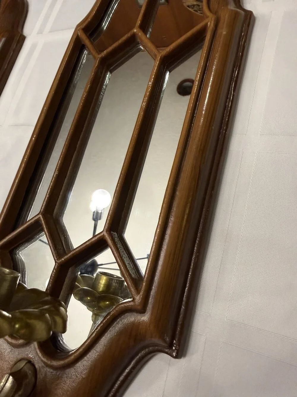 Vintage MCM Metal Mirrored Candle Wall Sconces Faux Wood Sexton HODA Pair